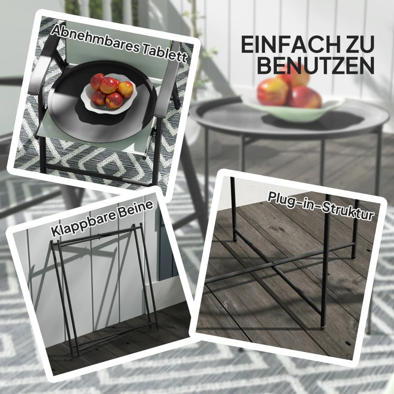Outsunny Gartentisch, Runder Außen-Beistelltisch aus Stahl mit herausnehmbarem Tablett, faltbares Design, Terrassentisch, Schwarz
