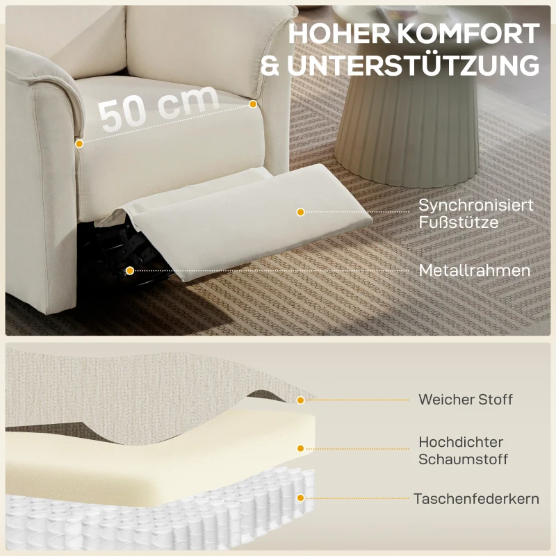 HOMCOM Relaxsessel Elektrisch mit Liegefunktion, Verstellbare Rückenlehne, Kopfstütze für Wohnzimmer Cremeweiß
