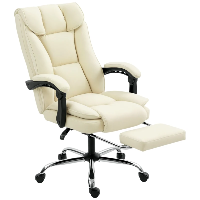 HOMCOM Chaise de bureau ergonomique, fauteuil de bureau inclinable avec repose-pieds, hauteur réglable, pivotante 360°, beige