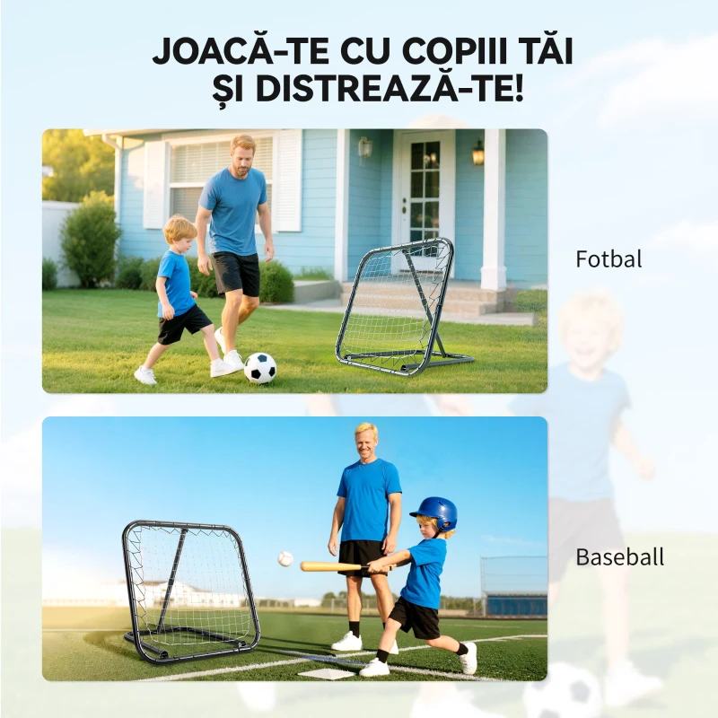 HOMCOM Rețea de Ricoșeu pentru Fotbal cu Unghi Reglabil în Metal, 78x84x65-78 cm