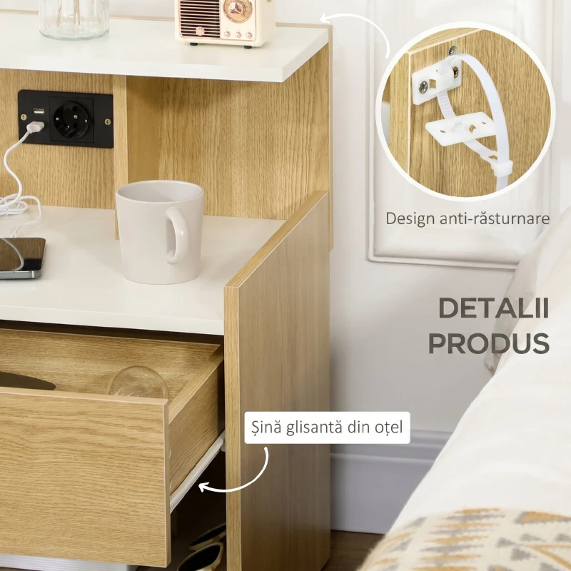 HOMCOM Noptieră modernă cu 2 prize, 2 porturi USB și sertar din PAL, 40x40x60cm, culoare lemn