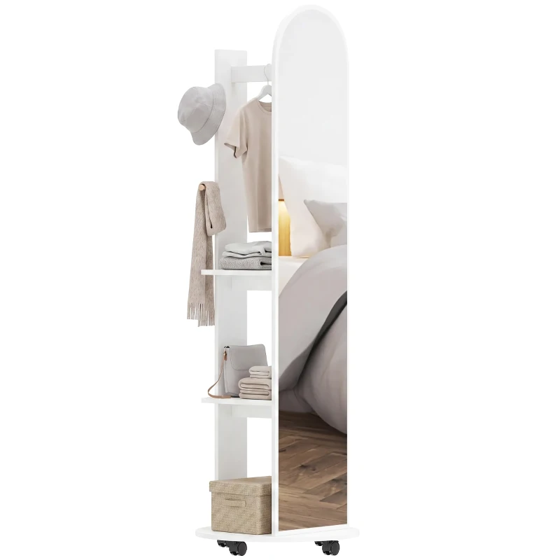 HOMCOM 2-in-1 Full Length Mirror with Storage Shelves, Floor Mirror with 4 Wheels, Coat Rack, Hooks, White