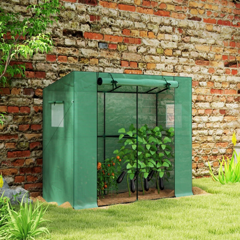 Outsunny Mini-Gewächshaus, Anlehn-Gewächshaus mit Rolltür und Netzfenstern, UV-beständig, für Blumen, Setzlinge, Pflanzen, Grün