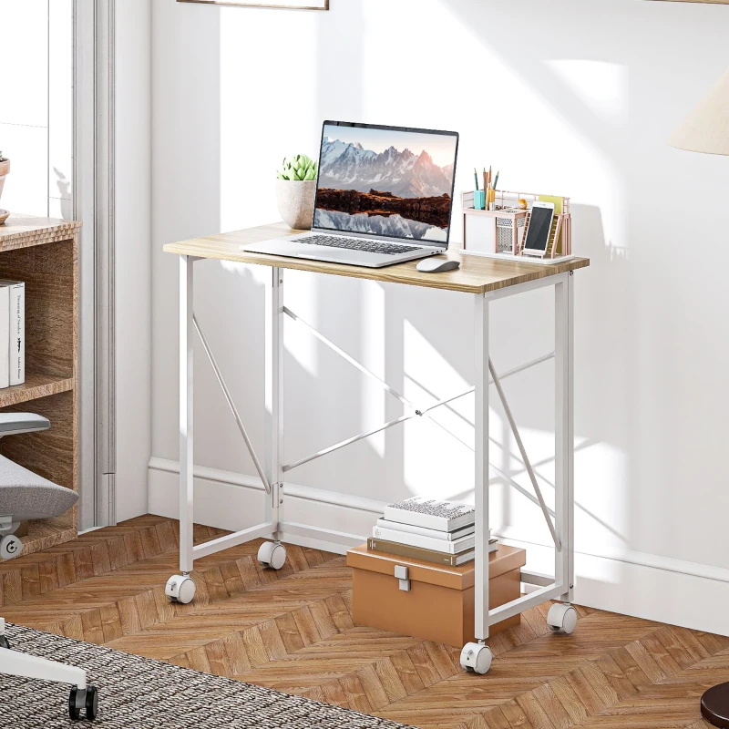 HOMCOM Klappbarer Schreibtisch mit Rädern, platzsparend, Stahl, MDF, Natur