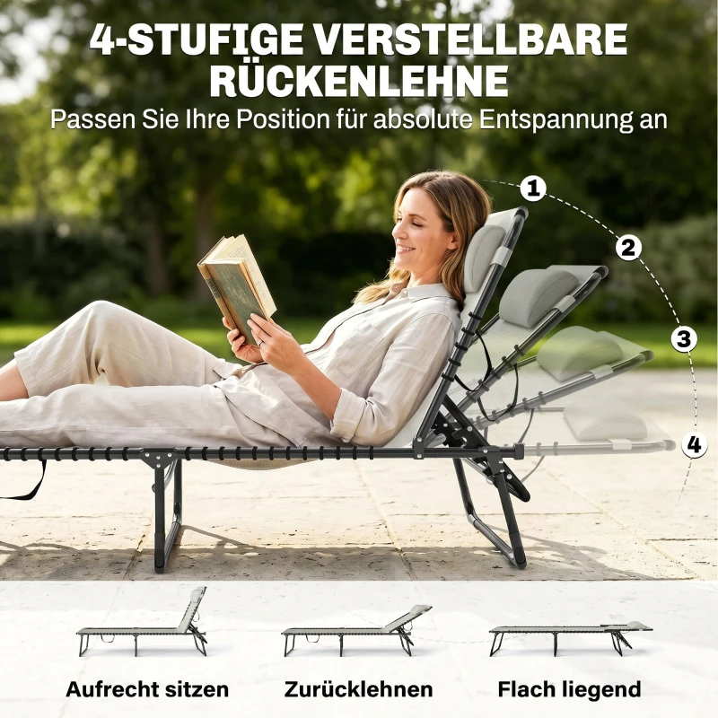 Outsunny Bain de Soleil transat Pliable Dossier inclinable Multi-Positions Acier thermoplastique Lacets élastiques Noir textilène crème