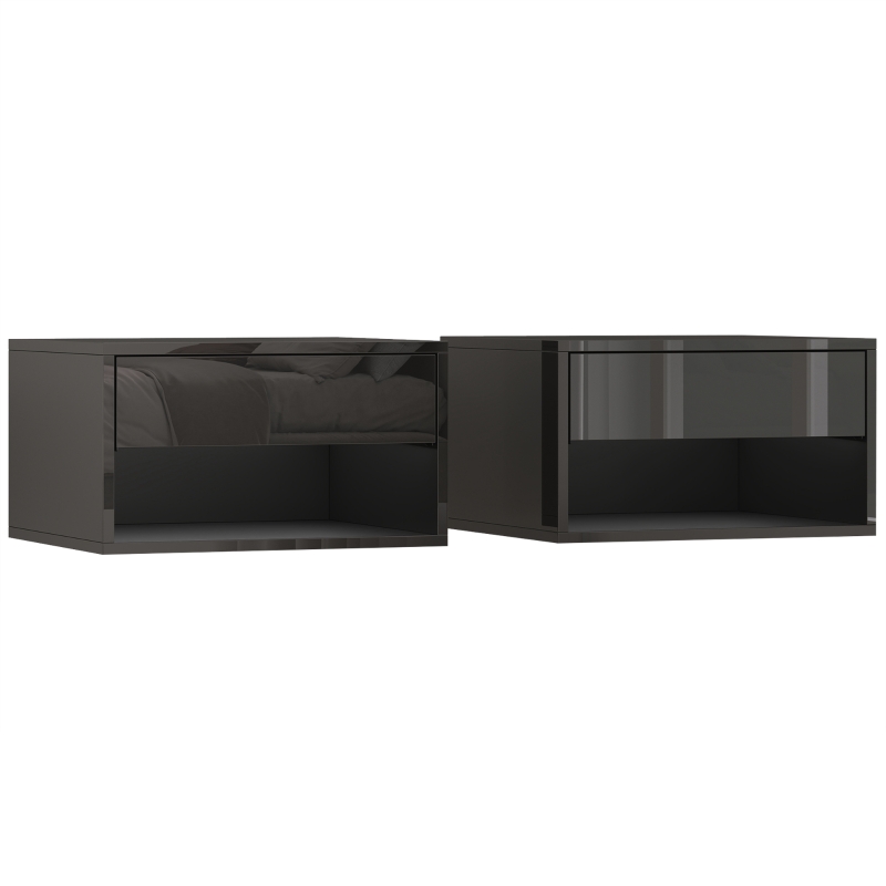 HOMCOM Lot de 2 tables de chevet murales, tables de nuit, tiroir, compartiment ouvert, plateau, 37 x 32 x 21 cm, noir