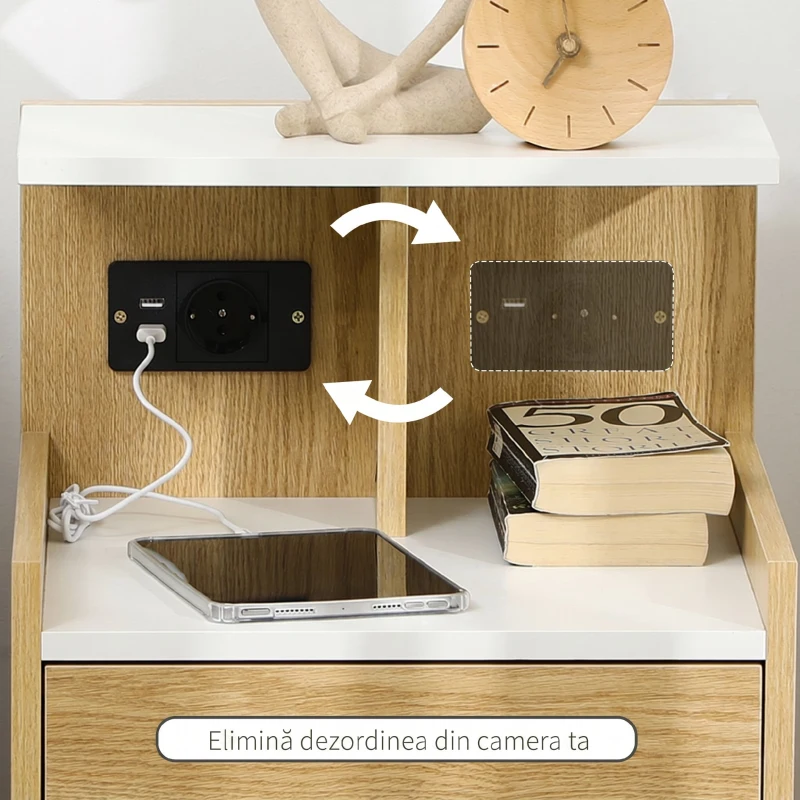 HOMCOM Noptieră modernă cu 2 prize, 2 porturi USB și sertar din PAL, 40x40x60cm, culoare lemn