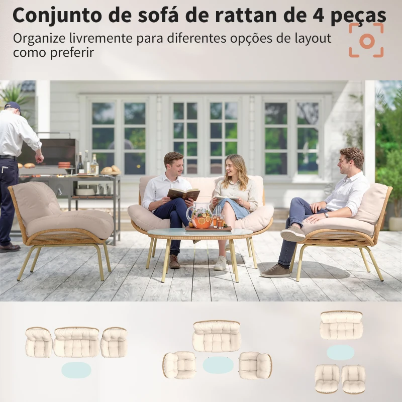 Outsunny Conjunto de Móveis de Jardim em Rattan, 4 Peças com Almofadas Sofá Duplo 2 Poltronas e Mesa de Centro Bege