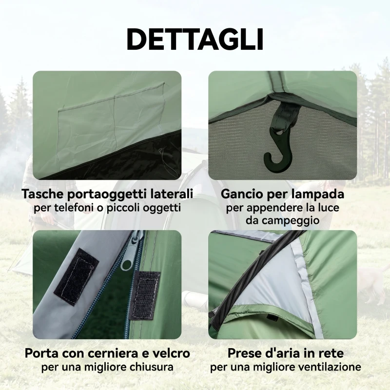 Outsunny Tenda da Campeggio 2-4 Posti con Telo Impermeabile e Porte con Cerniera, 426x206x15 cm, Verde Scuro