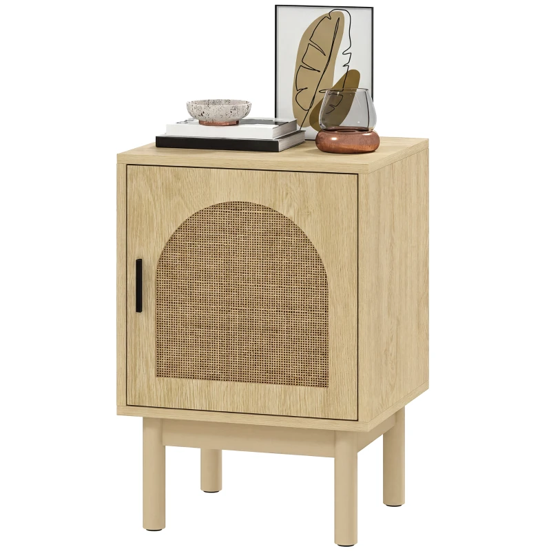 HOMCOM Rattan Bedside Table for Bedroom - Natural Wood
