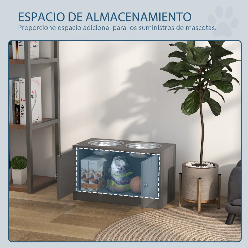 PawHut Comedero Elevado para Perros Grandes con 2 Cuencos de 2000ml y Almacenamiento Oculto 60x30x35,5 cm Gris