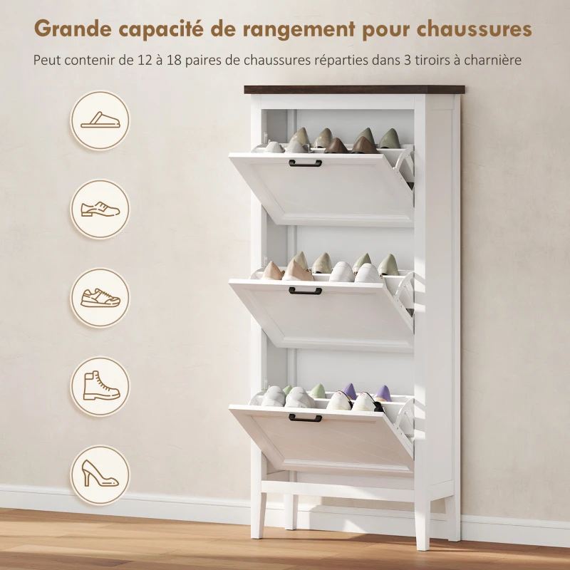 HOMCOM Meuble à chaussures 18 paires, armoire à chaussures étroite avec 3 tiroirs rabattables et étagères réglables, blanc