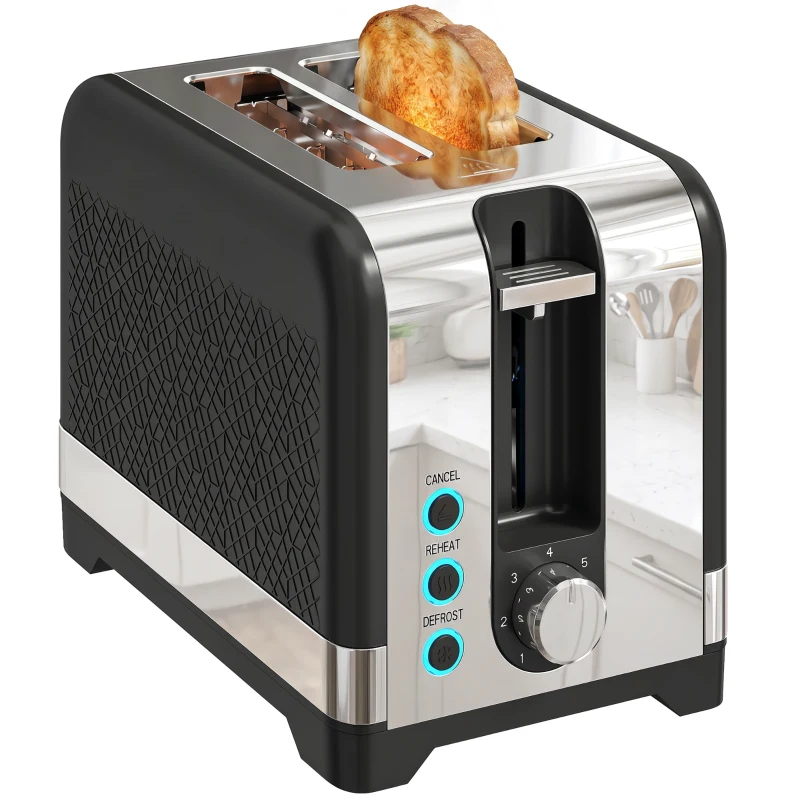 HOMCOM Tostadora de 2 rebanadas con 7 niveles de tostado, funciones Calentar/Descongelar/Cancelar, rejilla calentadora, 930 W