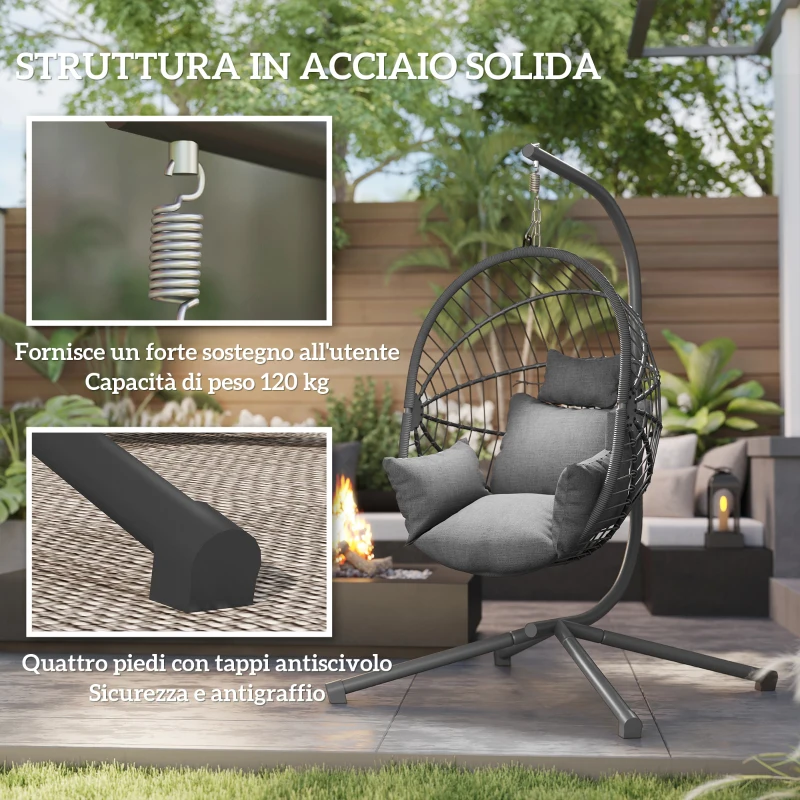 Outsunny Poltrona Sospesa a Uovo con Cuscino Imbottito e Cesto Pieghevole, 120x106x188 cm, Grigio