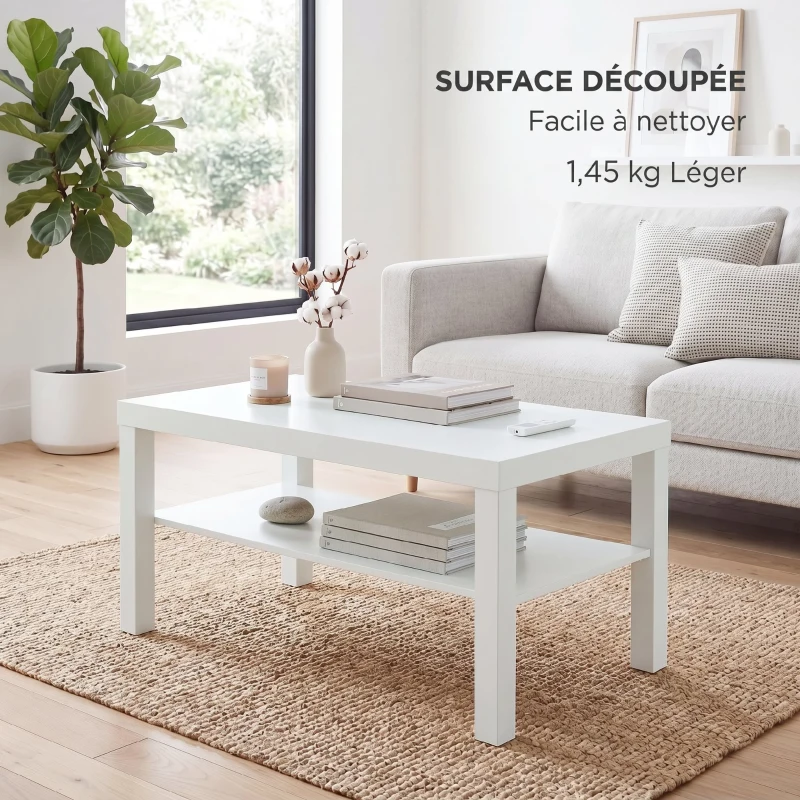 HOMCOM Table basse de salon, table d'appoint rectangulaire à 2 niveaux avec étagère de rangement, 90x45x44,5cm, blanc