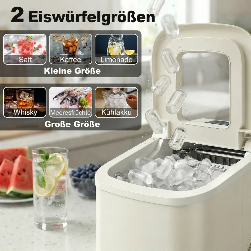 HOMCOM Draagbare ijsblokjesmachine met zelfreiniging, ijschep & mand, 12 kg/24 uur, Beige