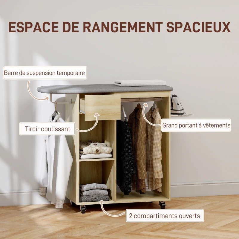 HOMCOM Armoire à repasser en bois table à repasser avec roulettes barre de suspension étagère 125 x 43,5 x 102,5 cm bois naturel