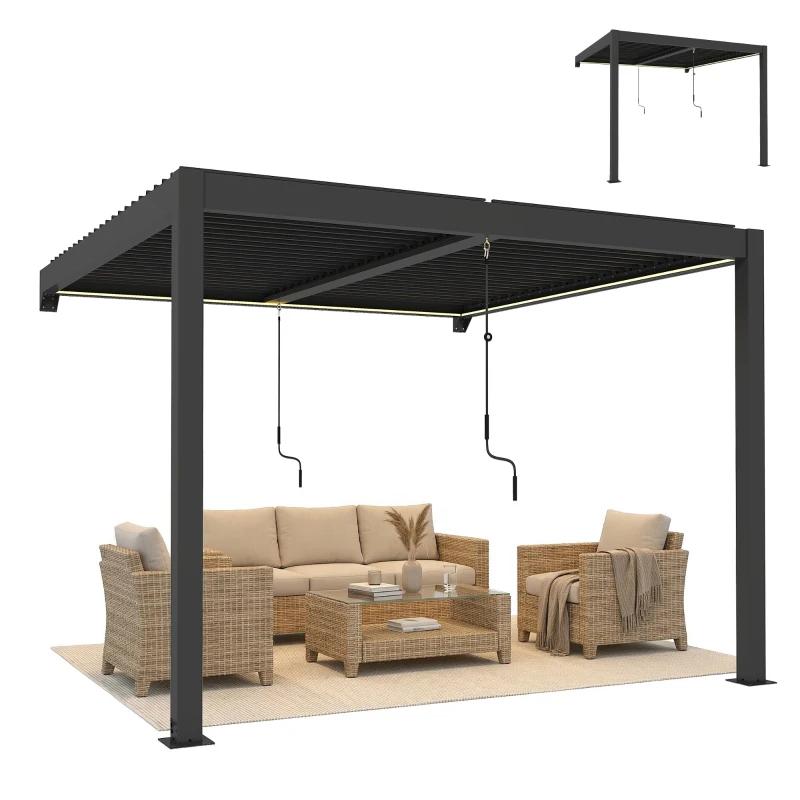 Outsunny 3 x 3 m Louvered Pergola with LED Lights, Metal Louvres, Wall Mounted Aluminium Patio Gazebo Pergola, Dark Grey
