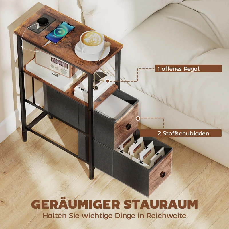 HOMCOM Couchtisch Beistelltisch mit Ladestation, Stahlrahmen, 2 Stoffschublade, offen Fach, 20cm x 40cm x 63cm, Rustikal-Braun