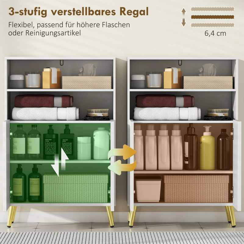 HOMCOM Badezimmerschrank, Kommode für Wohnräume, Soft-Close-Türen, 2 offene Regale, MDF, Weiß
