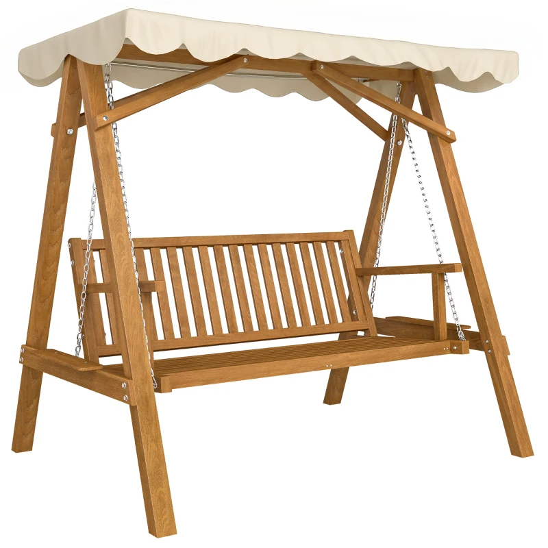 Outsunny Dondolo da Giardino Stile Classico Legno Massello di Pino Conforme alle Norme di FS Tettuccio Parasole in Tessuto di Poliestere con Rivestimento di PA 162x130x185cm 240kg