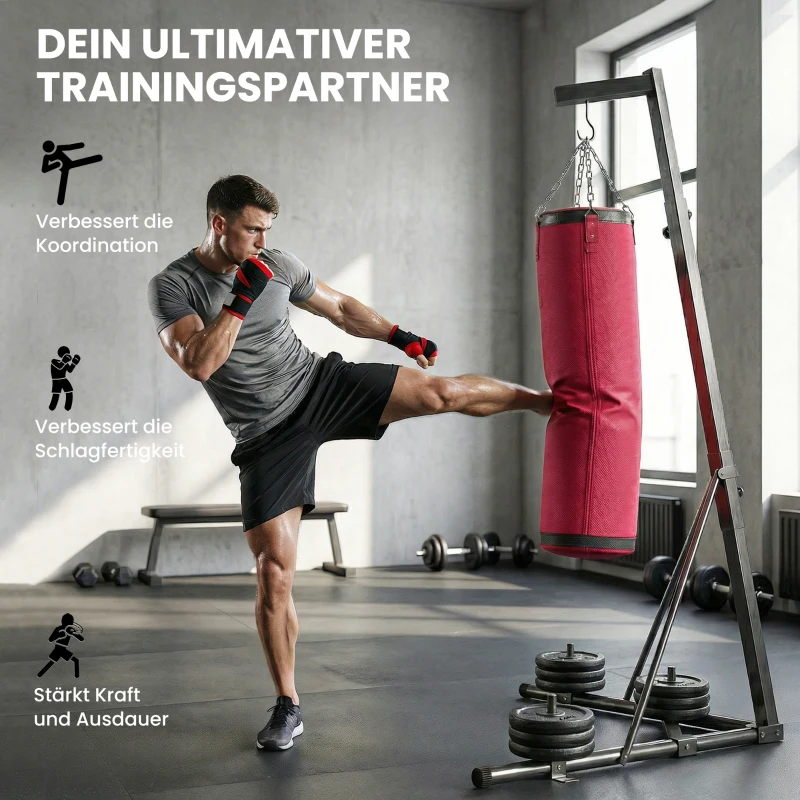 SPORTNOW Boxsackständer 185-231cm Höhenverstellbar Freistehender Boxsackhalter mit Boxsack Dreiecksbasis Gewichtenhalter