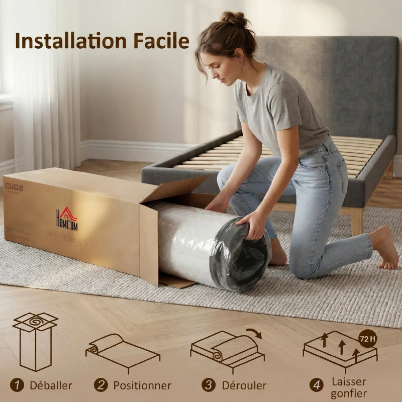 HOMCOM Matelas 140 x 190 cm, 25 cm d'épaisseur, mousse à mémoire de forme, ressorts ensachés 7 zones, fermeté moyenne