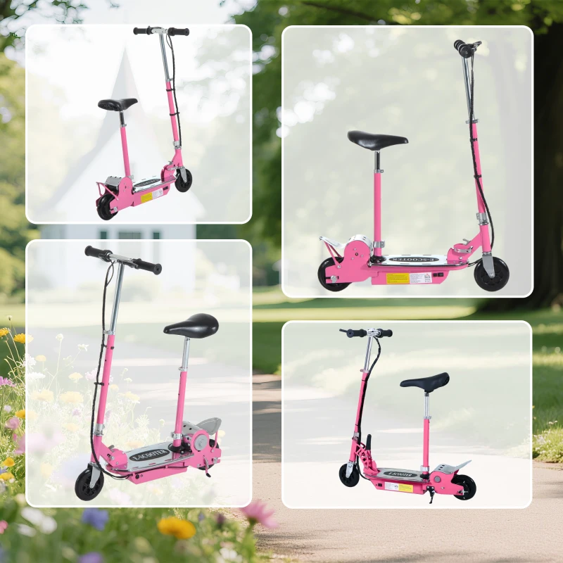 HOMCOM Foldable Powered Scooter with Adjustable Seat, Brake, Pink