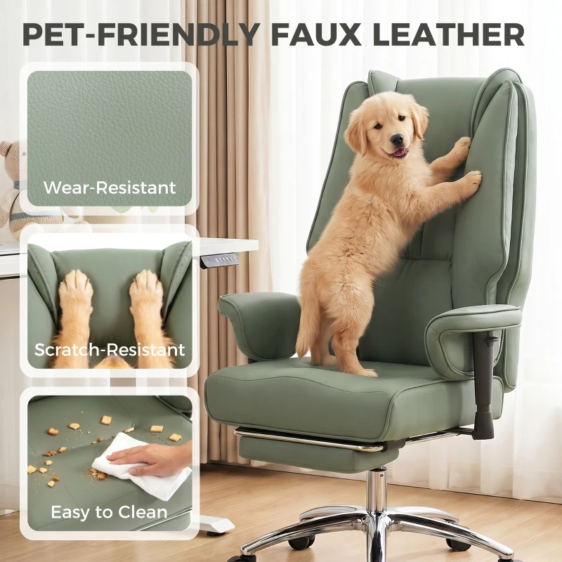 HOMCOM Executive Office Chair, Reclining Desk Chair with Footrest, Adjustable Armrests, Pet Friendly Faux Leather, Green