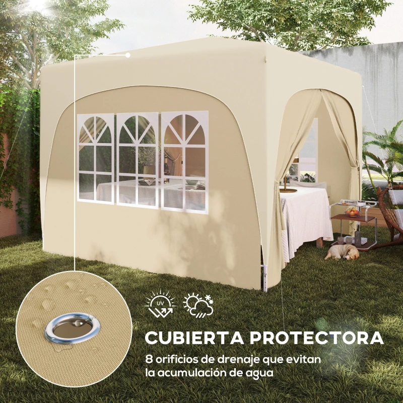 Outsunny Cenador Plegable 3x3 m Gazabo con Paneles Laterales UPF50+ Altura Ajustable y Bolsa de Transporte Arena