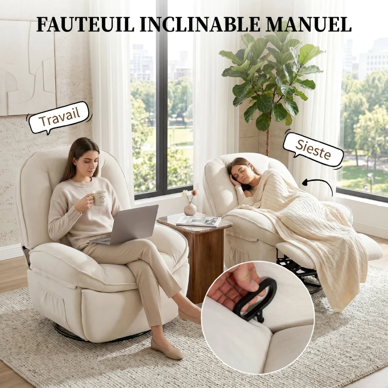 HOMCOM Fauteuil inclinable en chenille, fauteuil de relaxation pivotant à 360°, assise large, poches latérales, crème
