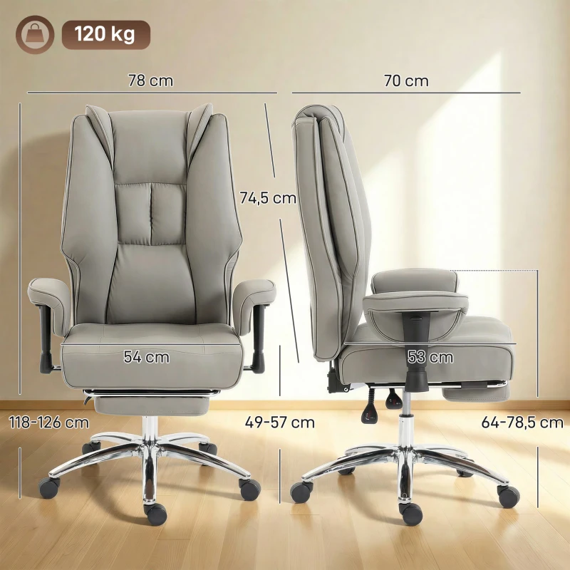 HOMCOM Silla de Oficina Ergonómica Reclinable con Reposapiés, Respaldo Alto, Altura Regulable, Gris Claro