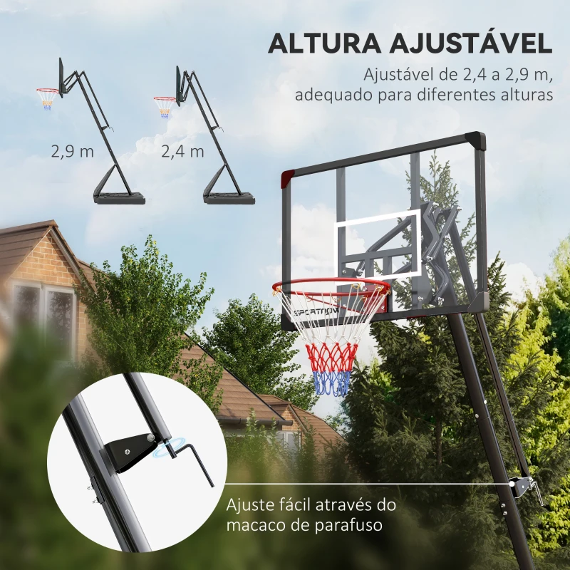 SPORTNOW Cesta de Basquetebol Ajustável 236-293 cm com Rodas Painel de PC Base Recarregável para Exterior Preto