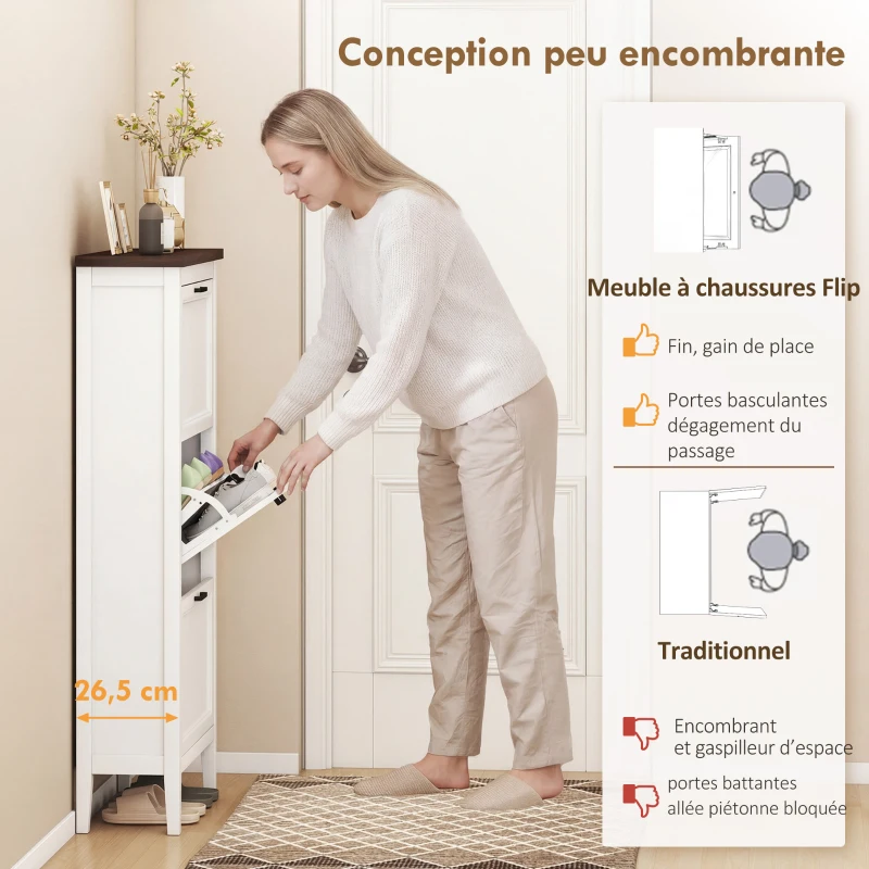 HOMCOM Meuble à chaussures 18 paires, armoire à chaussures étroite avec 3 tiroirs rabattables et étagères réglables, blanc