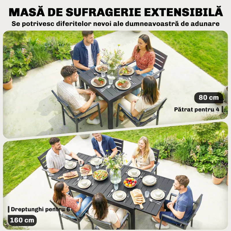 Outsunny Masă Extensibilă cu Șipci pentru Grădină, 4-6 Persoane, din Aluminiu și Oțel, 80/160x80 cm, Negru