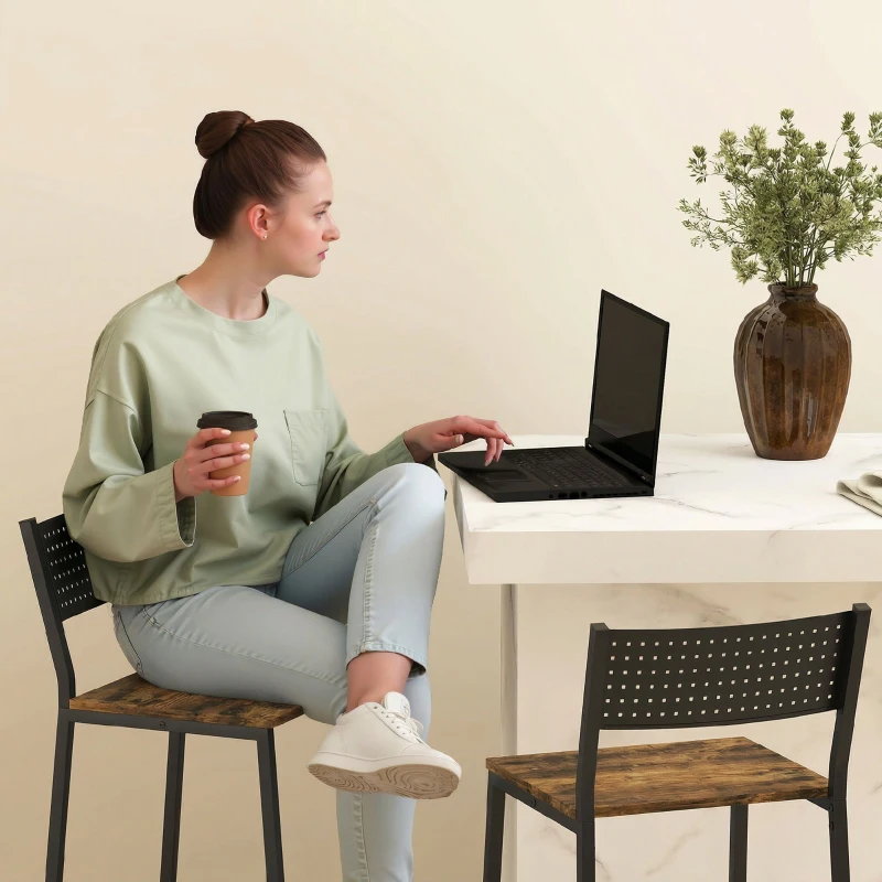 HOMCOM Lot de 2 tabourets de bar, chaises de bar, assise 72,5H cm, dossier et repose-pieds, pieds en métal, brun rustique