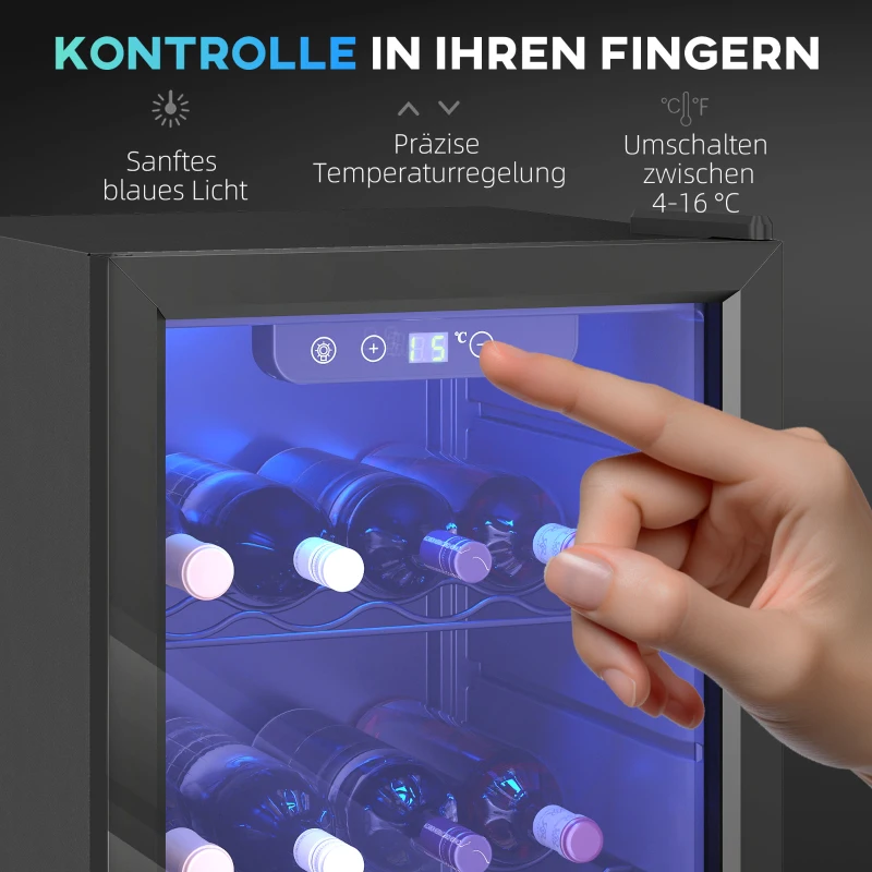 HOMCOM Weinkühlschrank 24 Flaschen, 68 Liter Kapazität, 4–16 °C Standgerät für Getränke, Bier und Wein mit Glas-Tür, Schwarz