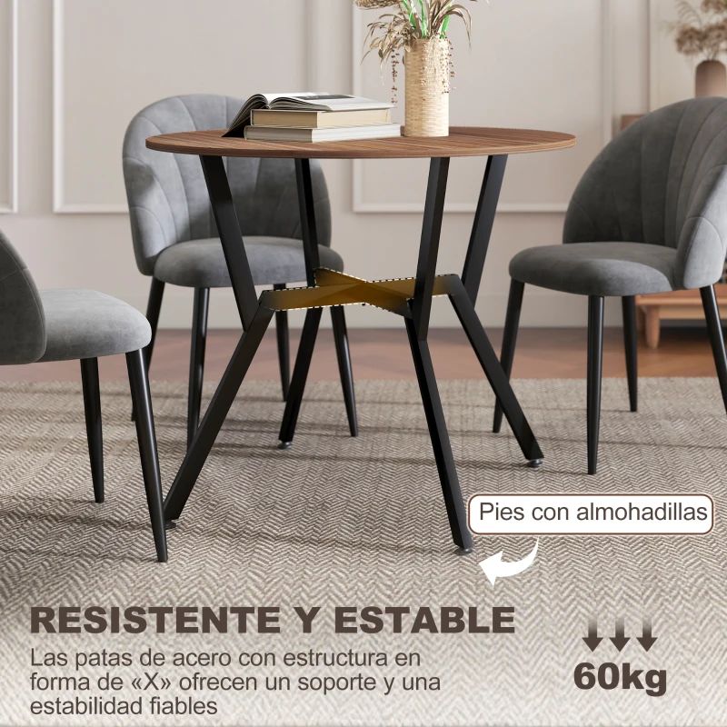HOMCOM Mesa de Comedor Redonda de Estilo Industrial con Encimera de Madera y Marco de Acero Ø90x76 cm Marrón