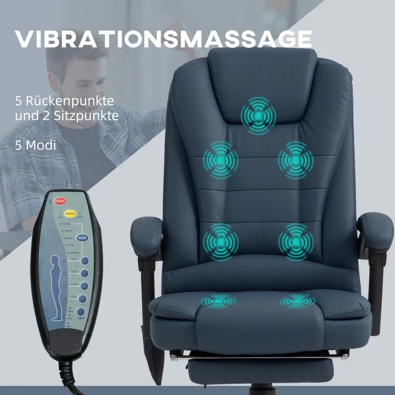 Vinsetto Massage-Bürostuhl, 7 Vibrationspunkte, verstellbare Fußstütze & Lehne, bis 120 kg, Lederoptik, Blau(m-4)