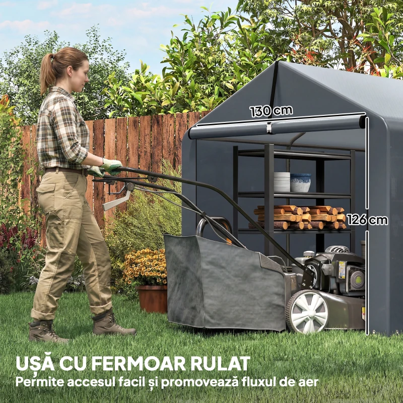 Outsunny Garaj cort cu material întărit impermeabil și intrare cu fermoar, din oțel galvanizat, 162x221,5x163 cm, gri