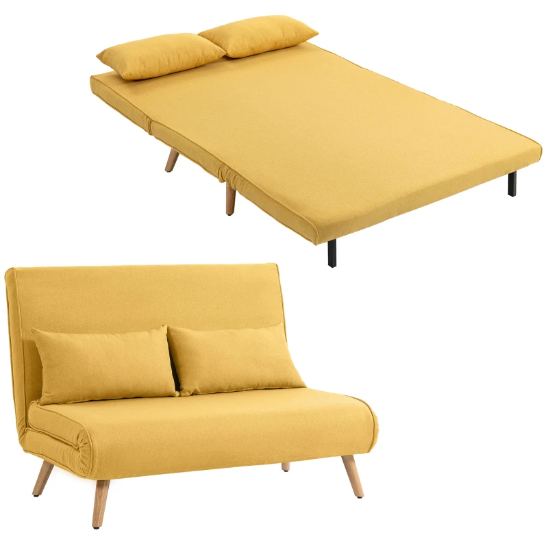 HOMCOM Sofá-Cama de 2 Lugares Dobrável Estofado em Linho com Encosto Ajustável em 5 Posições e 2 Almofadas Amarelo