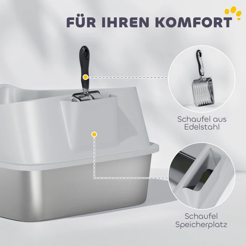 PawHut Katzentoilette Edelstahl Offene Katzenklo mit Schaufel hohem Rand für große Katzen bis 12 kg 69,8 x 50,3 x 29,8 cm Grau