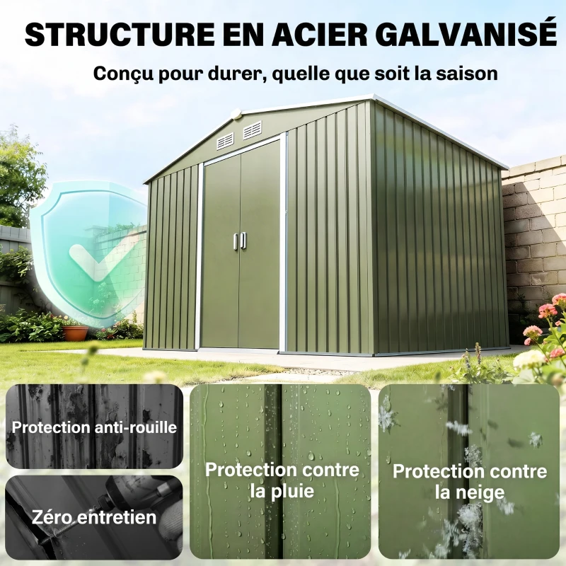 Outsunny Abri de jardin 5,4 m² 2,77 x 1,95 x 1,92 m kit de fondation porte coulissante ventilations acier galvanisé, vert clair