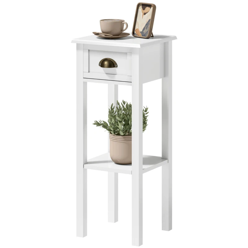 HOMCOM Mesa Auxiliar Moderna, Mesa Auxiliar para Sofá, con Cajón y Estante, Mesita de Noche para Salón, Dormitorio, 30x30x75 cm, Blanco
