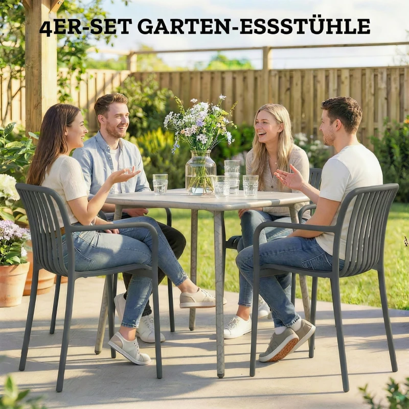 Outsunny Gartenstühle 4er Set Stapelbare Terrassenstühle mit Lamelldesign Armlehnen, Ergonomisch Dunkelgrau