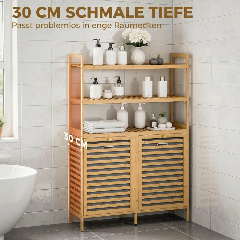 HOMCOM Doppel-Wäscheschrank mit Kippfunktion, freistehender Bambus-Schrank, 2 herausnehmbare Körbe, 3 Ablagefächer, Eiche