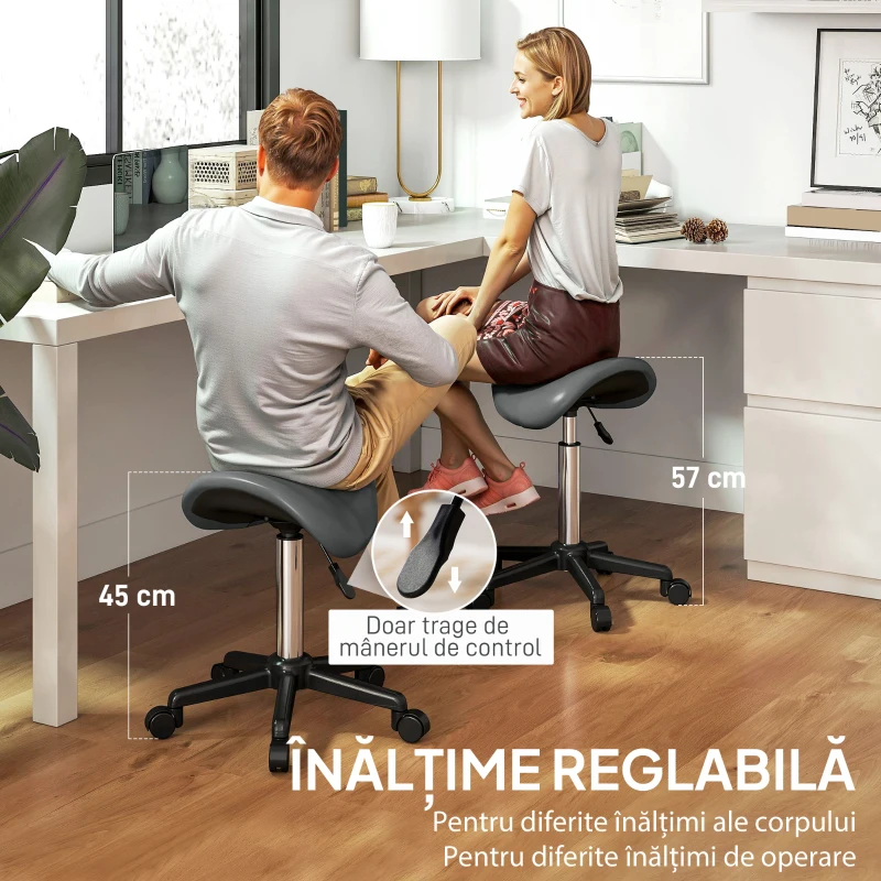 HOMCOM Sgabello Girevole a Sella con Ruote e Altezza Regolabile, Imbottito e Rivestito in Finta Pelle, Grigio