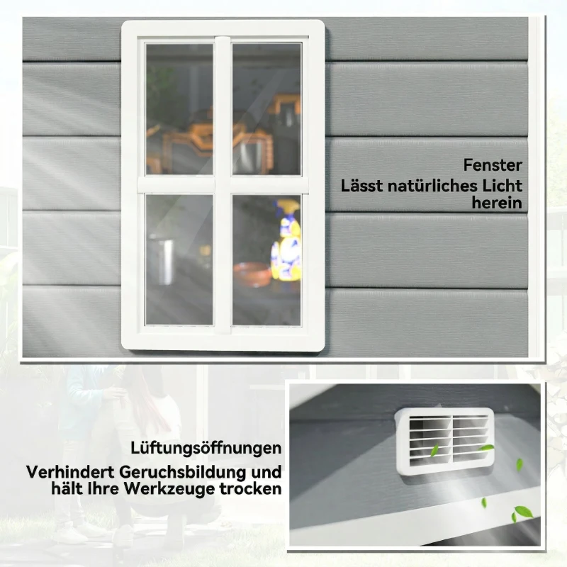 Outsunny Căsuță de Grădină cu Fereastră și Uși Duble din PP și Aluminiu, 183x134x210 cm, Gri(m-7)