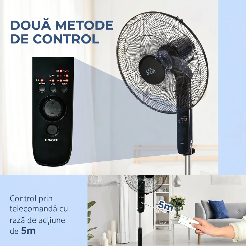 HOMCOM, Ventilator de Podea, Cu Telecomandă, Metal, Plastic,44,5 x 44,5 x 124 cm, Negru