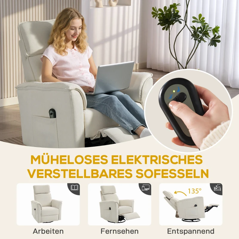 HOMCOM Relaxsessel Elektrisch mit Liegefunktion, Verstellbare Rückenlehne, Kopfstütze für Wohnzimmer Cremeweiß